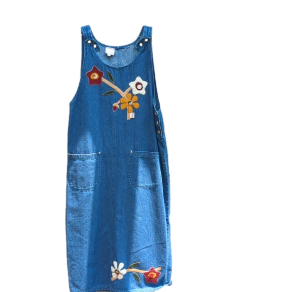 Denim Floral Appliqué Pinafore Jumper Dress - Blue